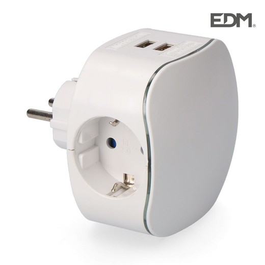 Adaptateur triple schuko avec 2 prises usb 2100mah profil lumineux edm rétractable