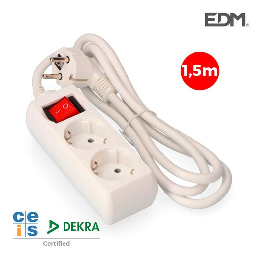 Base múltipla 2 tomadas Schuko com interruptor 1,5 metros. 3x1,5 mm edm