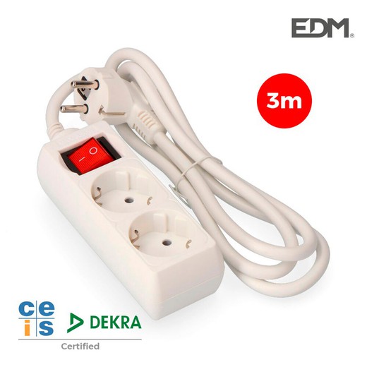 Base multiple 2 tomas schuko con interruptor 3 mts. 3x1,5mm edm