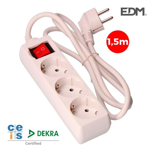 Base múltipla 3 tomadas Schuko com interruptor 1,5m 3x1,5mm