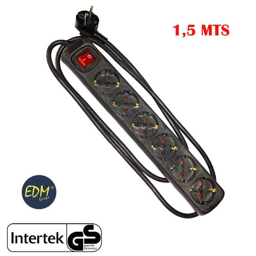 Base multiple 6 tomas schuko com interruptor 1,5m 3x1,5mm color negro