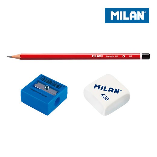 Blister 3 crayons, taille-crayon et gomme milan