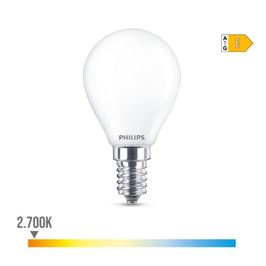 Bombilla esferica led e14 6,5w 806lm 2700k luz calida ø4,5x8cm philips