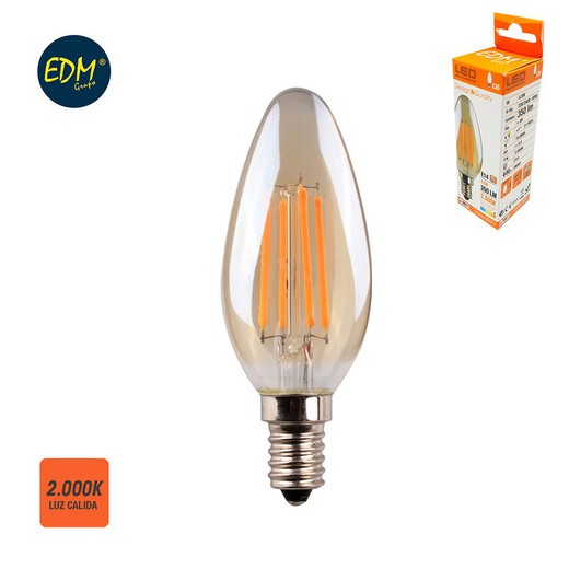 Ampoule bougie à filament led en verre vintage e14 4,5w 350 lm 2000k edm à lumière chaude