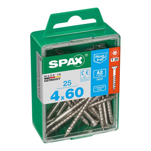 Caja 25 uds. Tornillo madera spax cab. Plana inox a2 4,0x60mm spax