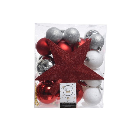 Boîte de 33 accessoires de sapin argent, rouge et blanc mat