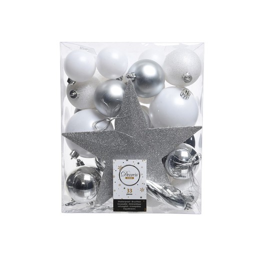 Boîte de 33 accessoires de sapin argent et blanc