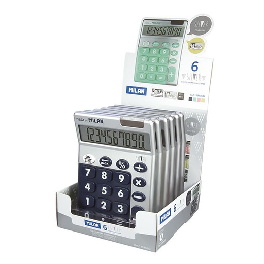 Caja expositora 6 calculadoras silver 10 dígitos milan