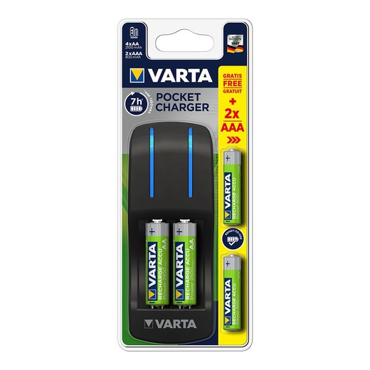 Cargador varta pocket con 4 pilas aa lr06 2100mah y 2 pilas aaa lr03 800mah