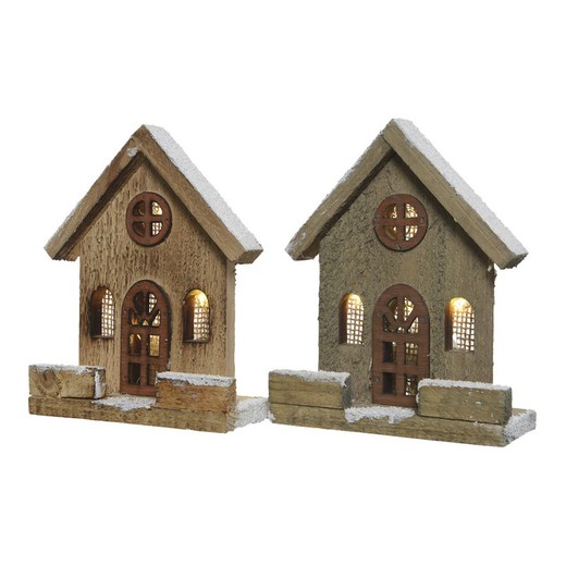 Maison en bois naturel avec led 2 modèles assortis 12x5x15cm