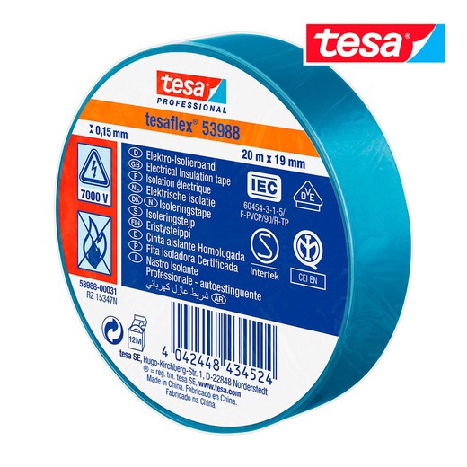 Cinta aislante homologada azul 20m x 19mm 53988 tesa