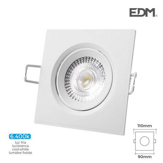 Downlight led empotrable 5w 380 lumen 6.400k cuadrado marco blanco edm