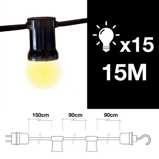 Garland 15mts 15 porta-lâmpada e27 com gancho de extremidade externo ip44