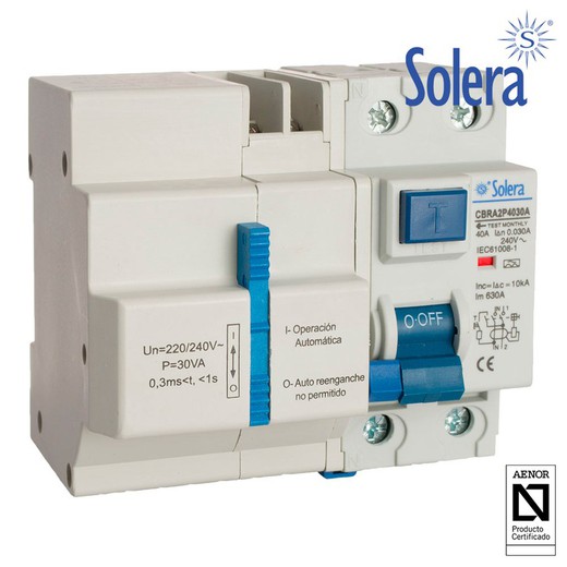 Int. Diferencial 2p 40a 30ma ac c/ reconexion automatica con 3 tiempos (retractilado) solera cbra2p4030a