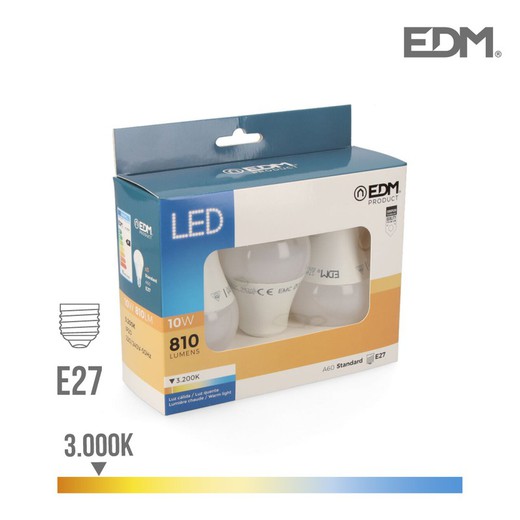 Kit 3 lâmpadas led e27 10w 810 lm 3200k luz quente edm