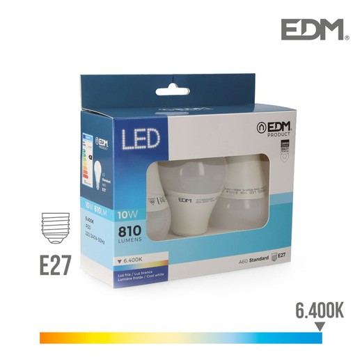 Kit 3 lâmpadas led padrão e27 10w 810 lm 6400k edm luz fria