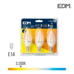 Kit 3 lâmpadas de velas led e14 5w 400 lm 3200k luz quente edm