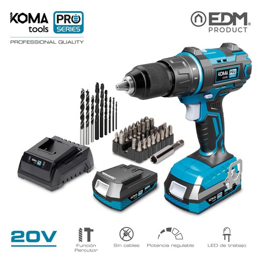 Kit de furadeira / driver de martelo de 20v com 2 baterias 2.0 ah e carregador de bateria edm série Koma Tools Pro