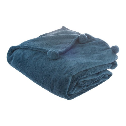 Manta extrasuave modelo pompones color azul marengo 125x150cm