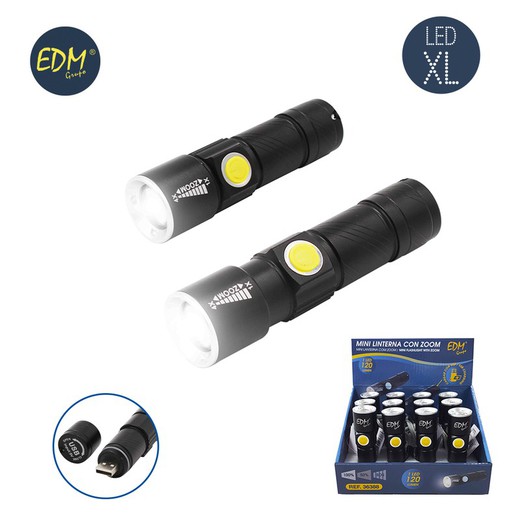 Mini lanterna com zoom 1 led 120 lumens recarregável com bateria de lítio usb incluída alcance 60 mts