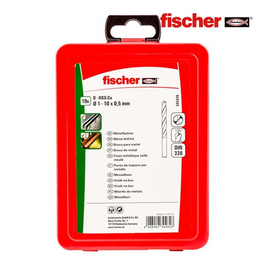 Pack 19 brocas metal hss-co din338 1-10 543329 fischer