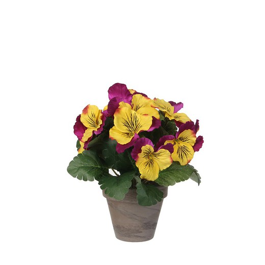 Pansy amarelo e pvc roxo com vaso cinza d9cm - h23cm