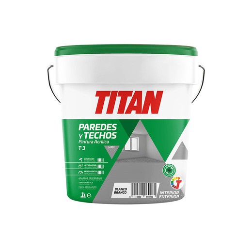 Pintura Acrílica Para Decoración De Paredes Y Techos T-3 Blanco.Mate 1l Titan 123000301