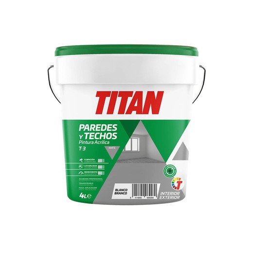 Pintura Acrílica Para Decoración De Paredes Y Techos T-3 Blanco.Mate 4l Titan 123000304