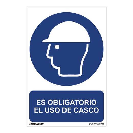 Señal uso obligatorio "es obligatorio el uso de casco" (pvc 0.7mm) 30x40cm