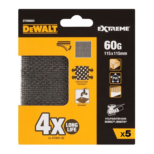 S.of. Pack 5 lijas de malla 1/4 , 115x115mm grano 60 para lijadoras orbitales dtm8664-qz dewalt