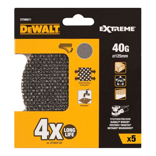 S.of. Pack 5 lijas de malla ø125mm grano: 40 para lijadoras rotoorbitales dtm8671-qz dewalt