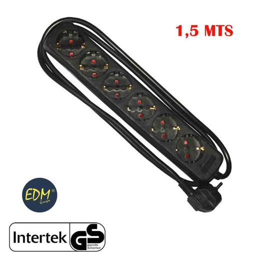 Base múltipla 6 soquetes schuko 1,5m 3x1,5mm preto