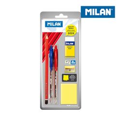 Blister 2 stylos, crayon graphite, gomme, taille-crayon et post-it Milan