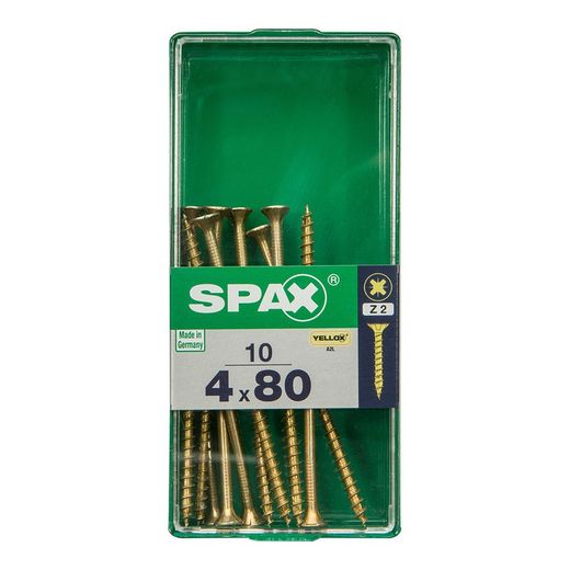 Caixa de 10 peças de parafuso para madeira Spax Cab. Plano Yellox 4.0x80mm Spax
