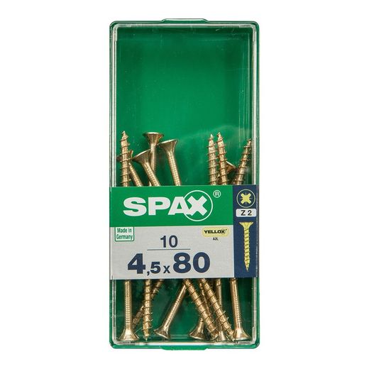 Caixa de 10 peças de parafuso para madeira Spax Cab. Plano Yellox 4,5x80mm Spax