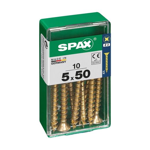 Caixa de 10 peças de parafuso para madeira Spax Cab. Plano Yellox 5.0x50mm Spax