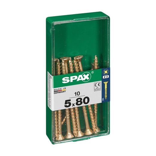 Caixa de 10 peças de parafuso para madeira Spax Cab. Plano Yellox 5.0x80mm Spax