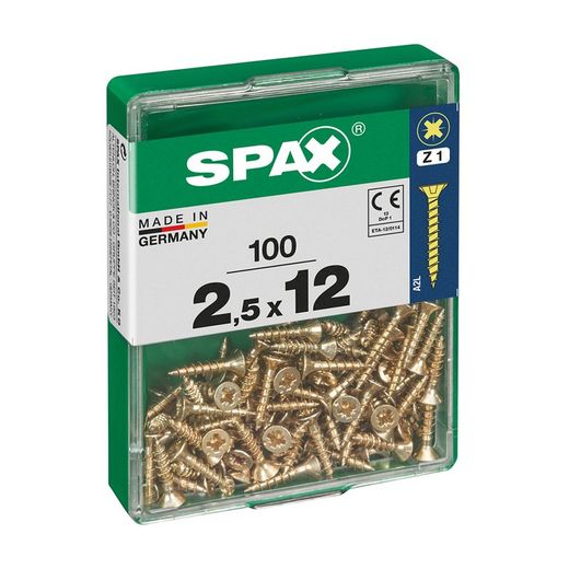 Caixa de 100 peças de parafusos para madeira da cabine Spax. Plano Yellox 2,5x12mm Spax