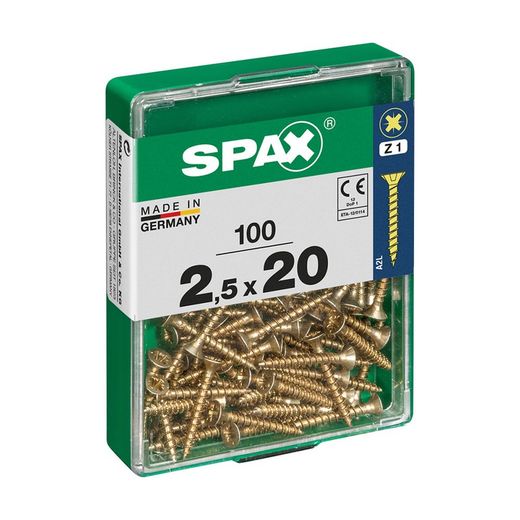 Caixa de 100 peças de parafusos para madeira da cabine Spax. Plano Yellox 2,5x20mm Spax