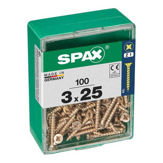 Caixa de 100 peças de parafusos para madeira da cabine Spax. Plano Yellox 3,0x25mm Spax