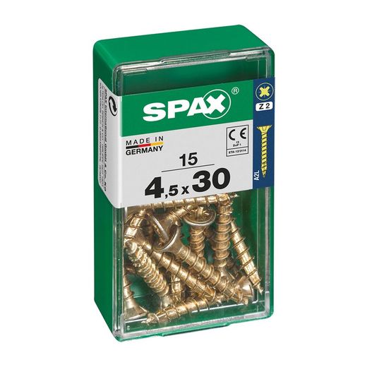 Caixa de 15 peças de parafusos para madeira da cabine Spax. Plano Yellox 4,5x30mm Spax