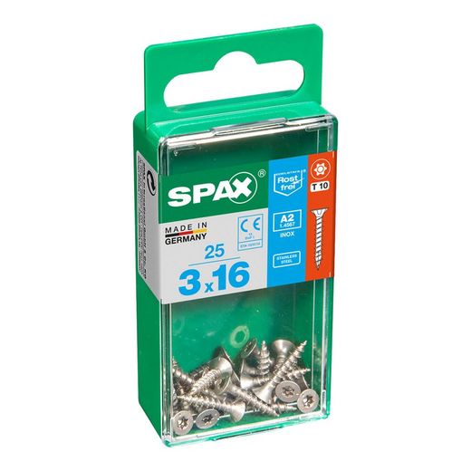 Caixa de 25 peças de parafusos para madeira da cabine Spax. Plano Inox A2 3,0x16mm Spax