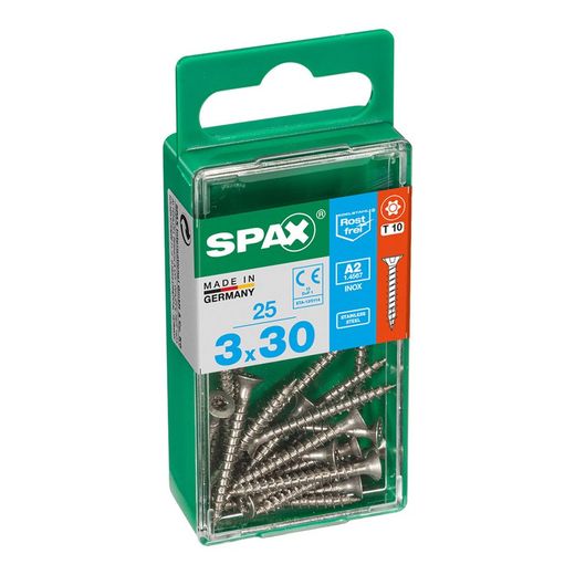 Caixa de 25 peças de parafusos para madeira da cabine Spax. Plano Inox A2 3,0x30mm Spax