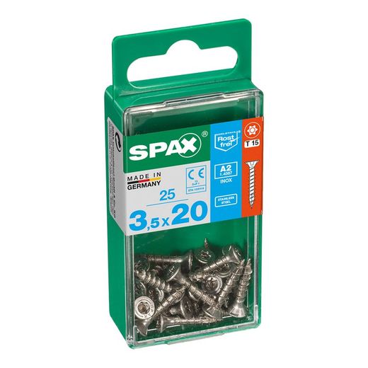 Caixa de 25 peças de parafusos para madeira da cabine Spax. Plano Inox A2 3,5x20mm Spax