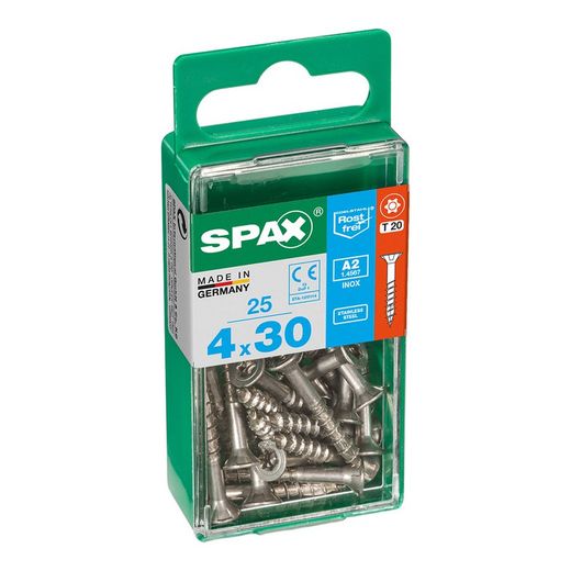 Caixa de 25 peças de parafusos para madeira da cabine Spax. Plano Inox A2 4,0x30mm Spax