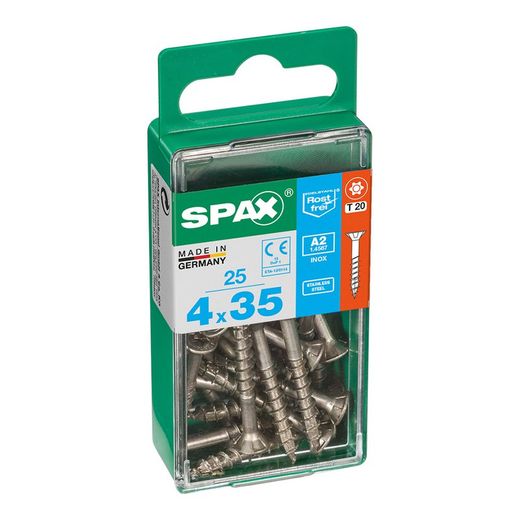 Caixa de 25 peças de parafusos para madeira da cabine Spax. Plano Inox A2 4,0x35mm Spax