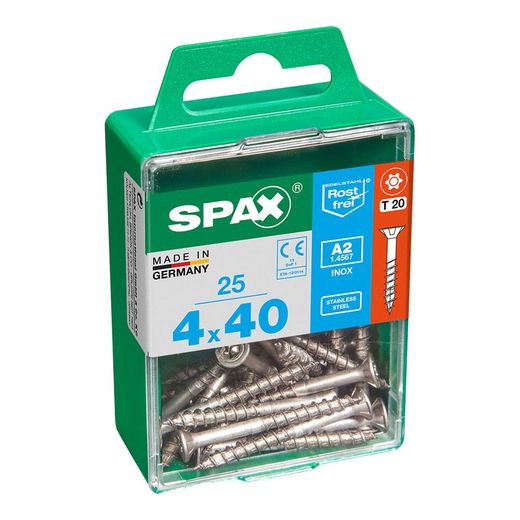 Caixa de 25 peças de parafusos para madeira da cabine Spax. Plano Inox A2 4,0x40mm Spax