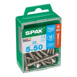 Caixa de 25 peças de parafusos para madeira da cabine Spax. Plano Inox A2 5,0x50mm Spax