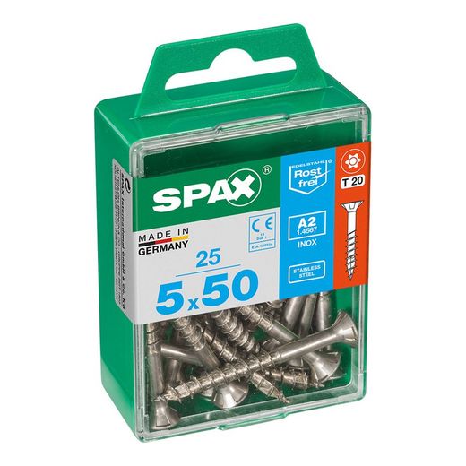 Caixa de 25 peças de parafusos para madeira da cabine Spax. Plano Inox A2 5,0x50mm Spax