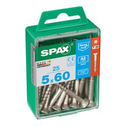 Caixa de 25 peças de parafusos para madeira da cabine Spax. Plano Inox A2 5,0x60mm Spax